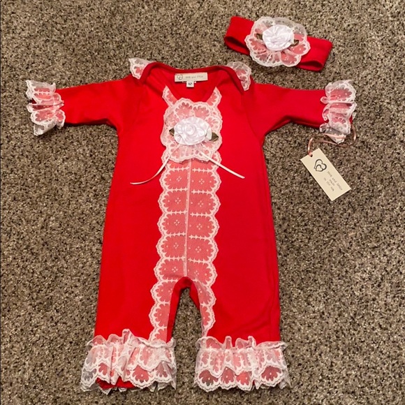 Nick and Nellie Other - ❌SOLD❌ 
Red & White Lace Baby Romper Headband Nick Nellie